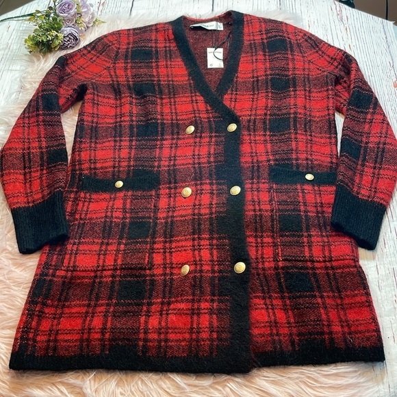 NWT Zara Black Red Buffalo Check Plaid Button Blazer Sweater Dress - Picture 2 of 11